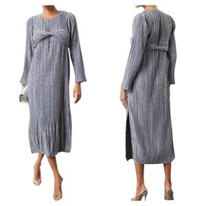 Marina Moscone Metallic Plissé Twist Midi Dress Long Sleeve Size 4